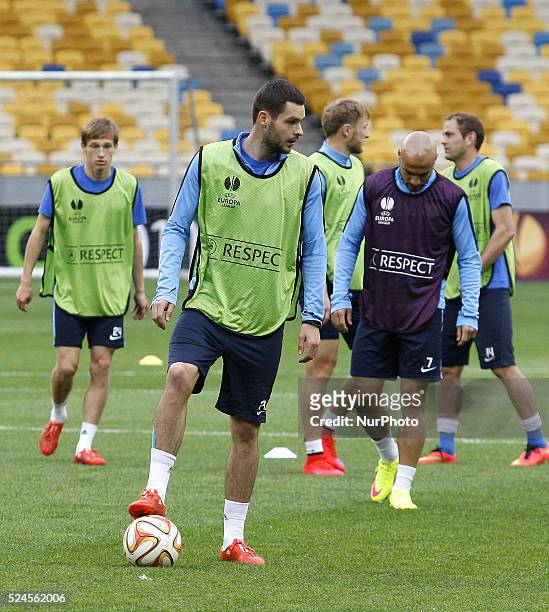 Dnipro players in action during their training session in Kiev, Ukraine, 13 May 2015. Dnipro will face Napoli in the UEFA Europa League, semi-final,...