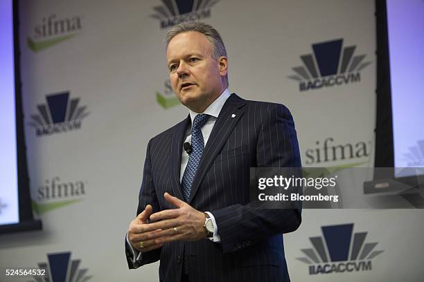 Stephen Poloz, governor of the Bank of Canada, speaks during a keynote address at the Canada-US Securities Summit in New York, U.S., on Tuesday,...