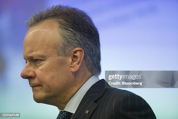 Stephen Poloz, governor of the Bank of Canada, pauses while speaking during a keynote address at the Canada-US Securities Summit in New York, U.S.,...