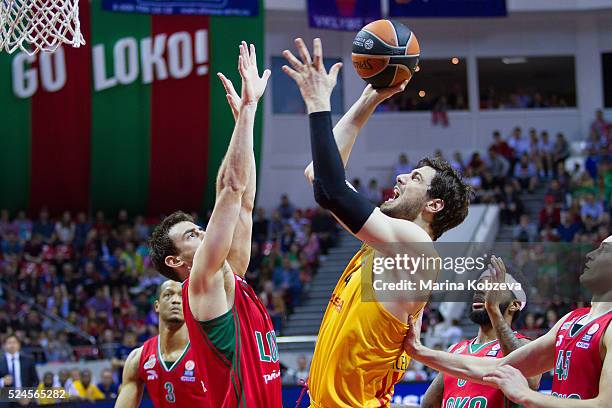 Ante Tomic, #44 of FC Barcelona Lassa competes with Victor Claver, #9 of Lokomotiv Kuban Krasnodar during the 2015-2016 Turkish Airlines Euroleague...