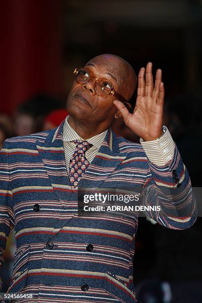 Actor Samuel L. Jackson poses on the red carpet arriving for the European Premiere of the film Captain America: Civil War in London on April 26, 2016...