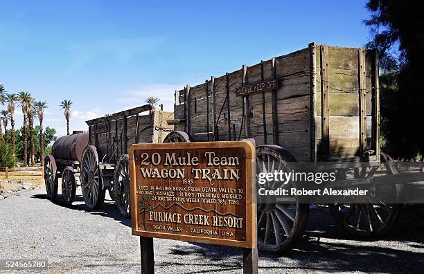 The Furnace Creek Ranch complex in Death Valley National Park in California includes an exhibit of early mining equipment including a 20 Mule Team...