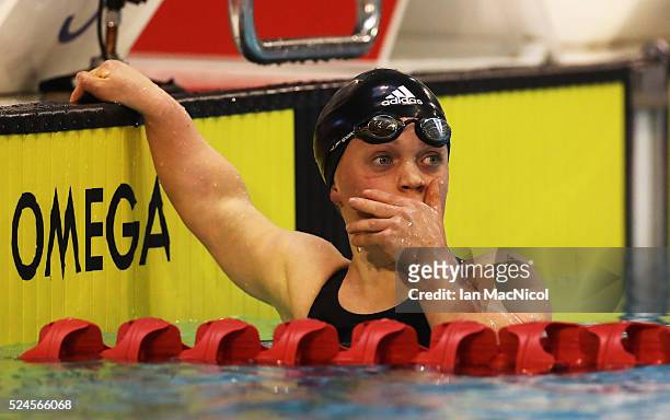 Eleanor Simmonds of Great Britain reacts after she wins the Women's MC 400m Freestyle final breaking the world record during Day Four of British...
