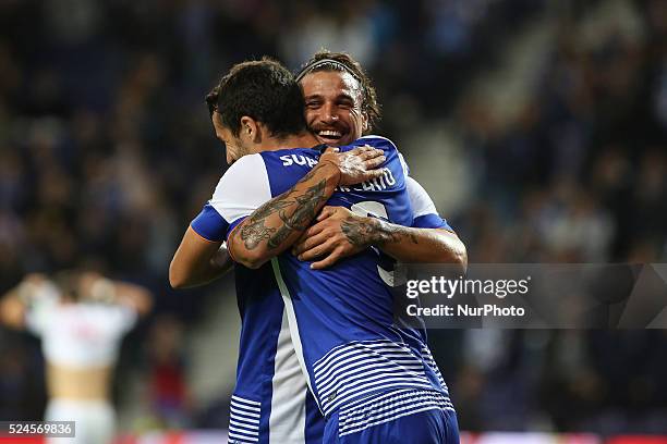 Porto's Spanish defender Iv��n Marcano celebrates after scoring goal with Porto's Itaian forward Pablo Osvaldo during the Premier League 2015/16...