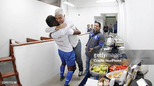 Emelec coach, Osvaldo De Felippe celebrates with Gabriel Achiller backstage, Ecuador Emelec 's champion for the third straight see, in Quito ,...