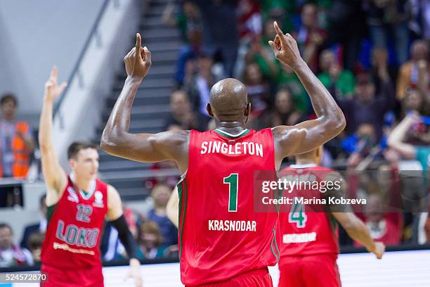 Chris Singleton, #1 of Lokomotiv Kuban Krasnodar in action during the 2015-2016 Turkish Airlines Euroleague Basketball Playoffs Game 5 between...