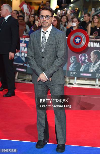 Robert Downey Jr. Arrives for the European film premiere of "Captain America: Civil War" at Vue Westfield on April 26, 2016 in London, England