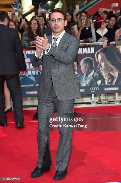 Robert Downey Jr. Arrives for the European film premiere of "Captain America: Civil War" at Vue Westfield on April 26, 2016 in London, England