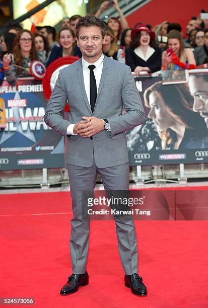 Jeremy Renner arrives for the European film premiere of "Captain America: Civil War" at Vue Westfield on April 26, 2016 in London, England