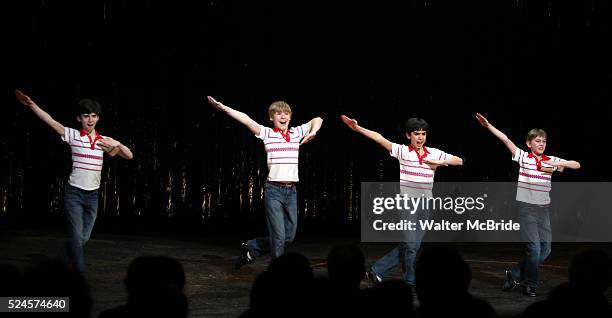 Current Billy's in red Joseph Harrington, Peter Mazurowski, Julian Elia and Tade Biesinger during the Curtain Call for 'Billy Elliot' Final...