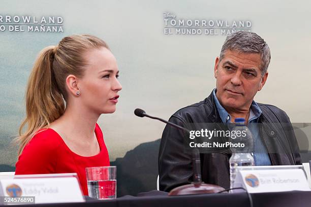 Valencia, Spain. George Clooney , Raffey Cassidy, Brad Bird and Britt Robertson have presented at a press conference the Disney last film,...