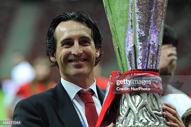 Sevilla's coach Unai Emery celebrate at the end of the UEFA Europa league final football match between FC Dnipro Dnipropetrovsk and Sevilla FC on May...