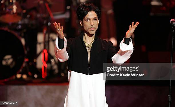 Musician Prince is seen on stage at the 36th NAACP Image Awards at the Dorothy Chandler Pavilion on March 19, 2005 in Los Angeles, California. Prince...