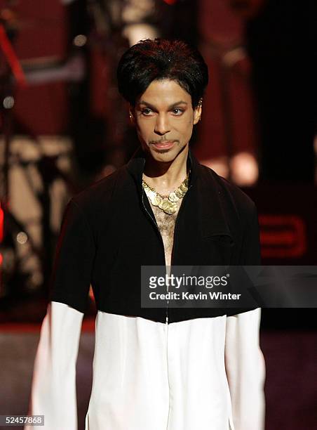 Musician Prince is seen on stage at the 36th NAACP Image Awards at the Dorothy Chandler Pavilion on March 19, 2005 in Los Angeles, California. Prince...