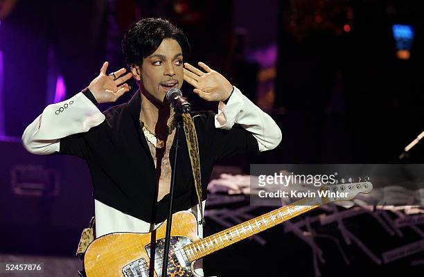 Musician Prince performs on stage at the 36th NAACP Image Awards at the Dorothy Chandler Pavilion on March 19, 2005 in Los Angeles, California....