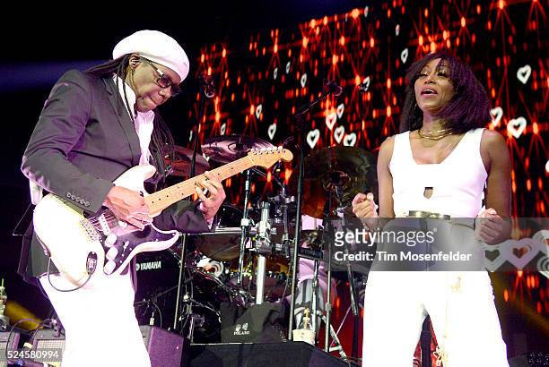 Nile Rodgers and Folami Thompson of Chic perform at Smoothie King Center on April 24, 2016 in New Orleans, Louisiana.