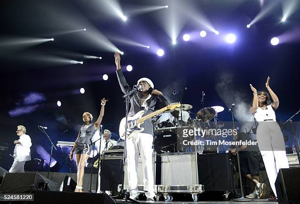 Kimberly Davis, Nile Rodgers, and Folami Thompson of Chic perform at Smoothie King Center on April 24, 2016 in New Orleans, Louisiana.