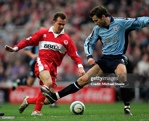 Szilard Nemeth of Middlesbrough drags the ball past Claus Lundekvam during the Barclays Premiership match between Middlesbrough and Southampton at...