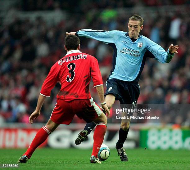 Peter Crouch of Southampton in control as Franck Queudrue of Middlesbrough closes in during the Barclays Premiership match between Middlesbrough and...