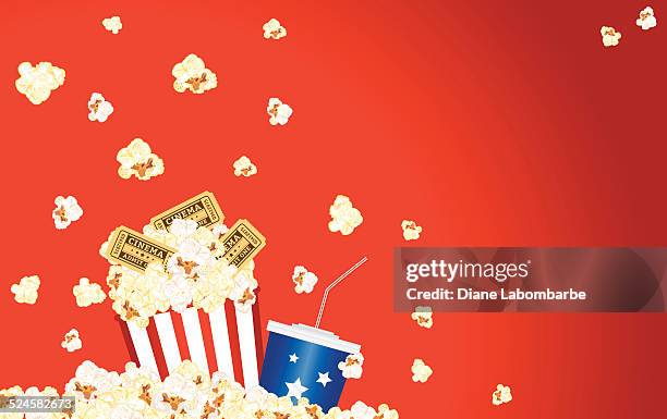 illustrations, cliparts, dessins animés et icônes de cinéma arrière-plan du modèle, du pop-corn et soda, de billets - popcorn