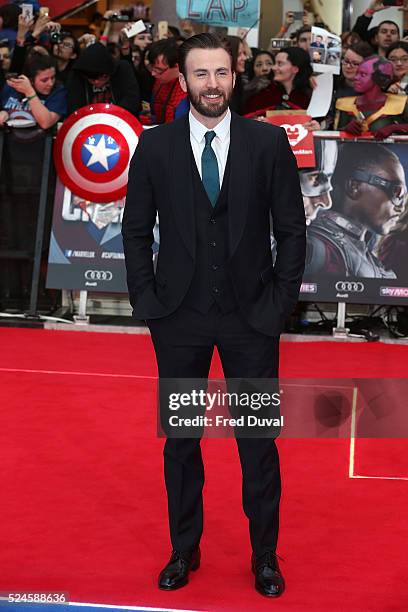 Chris Evans attends the European Premiere of "Captain America: Civil War" at Vue Westfield on April 26, 2016 in London, England.