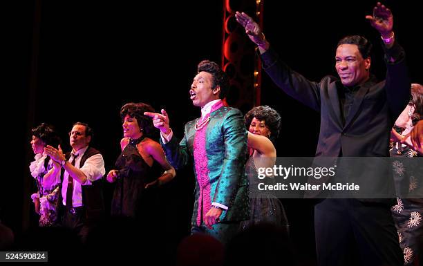 The Shirelles lead singer Shirley Alston Reeves visits Geno Henderson, Beth Leavel, Allan Louis & the 'Baby it's You!' cast during their Curtain Call...