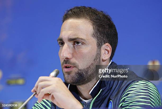 Napoli player Gonzalo Higuain answers questions of journalists during a press conference in Kiev, Ukraine, 13 May 2015. Napoli will face Dnipro in...