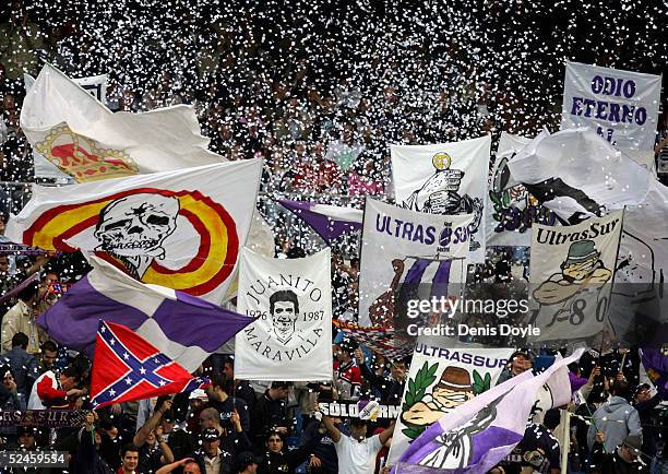 Real Madrid's radical Ultra Sur soccer fans wave banners before a Primera Liga soccer match on March 20, 2005 between Real Madrid and Malaga at the...