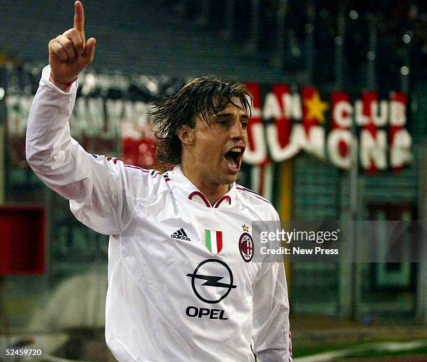 Hernan Crespo of AC Milan celebrates his goal during the Serie A game between Roma and AC Milan at the Stadio Olimpico on March 20, 2005 in Rome...