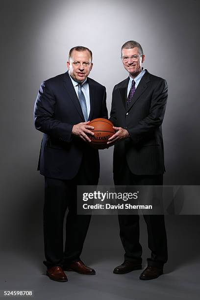 Tom Thibodeau, President of Basketball Operations and Head Coach and Scott Layden, General Manager, of the Minnesota Timberwolves pose for portraits...