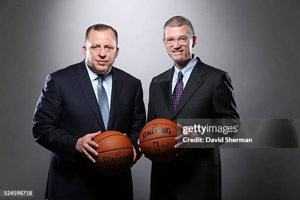 Tom Thibodeau, President of Basketball Operations and Head Coach and Scott Layden, General Manager, of the Minnesota Timberwolves pose for portraits...