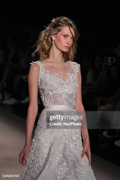 Model walks the runway during the Samuel Cirnansck fashion show as part of Sao Paulo Fashion Week - winter 2016 on October 21, 2015 in Sao Paulo,...