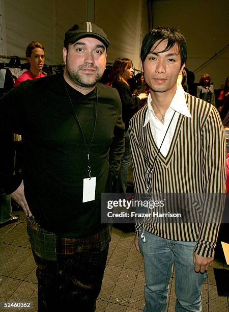 Designers Octavio Carlin and Donnie Barrios backstage at the Naqada Fall 2005 show during Mercedes-Benz Fashion Week at Smashbox Studios March 19,...