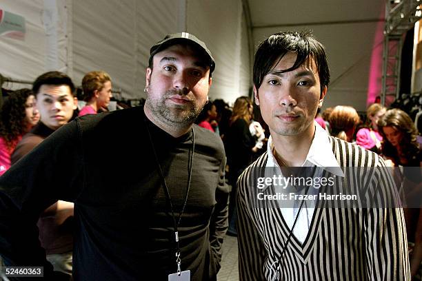 Designers Octavio Carlin and Donnie Barrios backstage at the Naqada Fall 2005 show during Mercedes-Benz Fashion Week at Smashbox Studios March 19,...