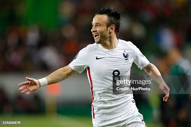 France's midfielder Matthieu Valbuena celebrates his goal during the friendly football match between Portugal and France at Jose Alvalade Stadium in...