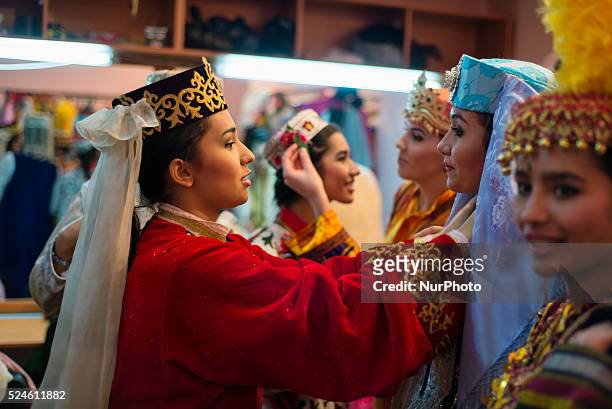 Actors changing in dressing room after &quot;Instants of Eternity&quot; show in theater of historical costume &quot;El Merosi&quot;, Samarkand,...