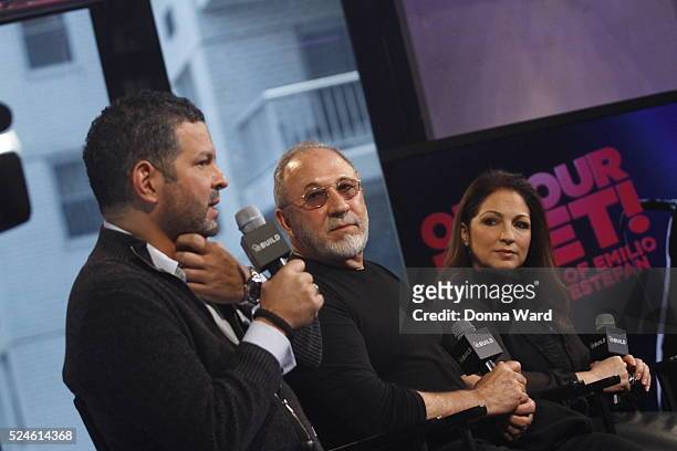Alex Dinelaris, Emilio Estefan and Gloria Estefan appear to discuss "On Your Feet" during the AOL BUILD Series at AOL Studios In New York on April...