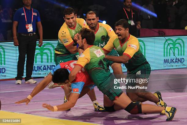 Jaipur Pink Panthers and Patna Pirates team players in action during the Pro Kabaddi league matches at Sawai Mansingh Indoor Stadium in Jaipur...
