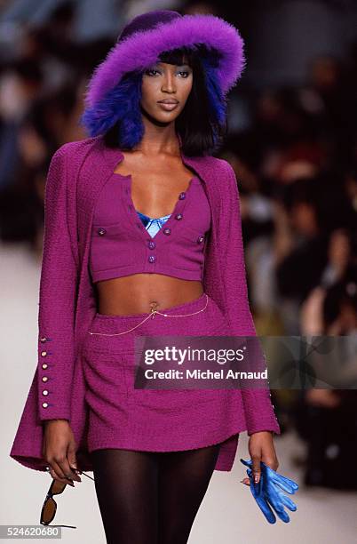 Supermodel Naomi Campbell Modeling Chanel Skirt and Sweater Set