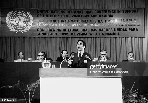 American politician, civil rights leader and clergyman, Andrew Young at a UN conference in support to Zimbabwean and Namibian people. After Jimmy...