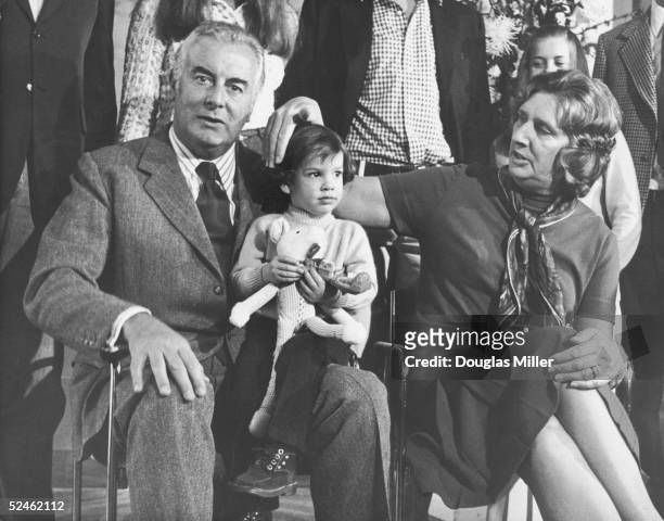 Australian Prime Minister Whitlam Gough with his family who are meeting for the first time in ten years at the Berkeley hotel during a visit to...
