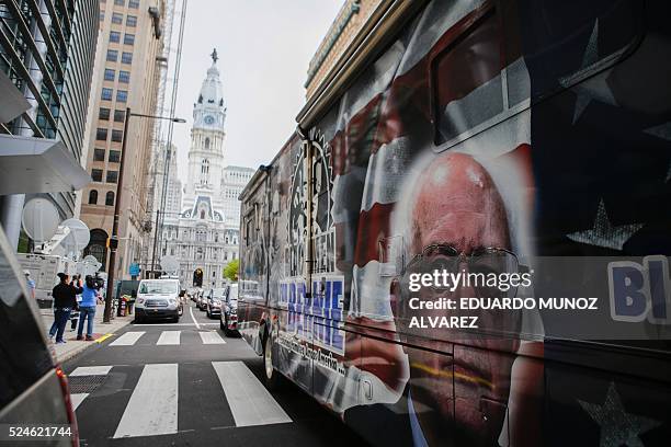 Bus of supporters of Democratic presidential candidate Bernie Sanders drives down Broad Street during Pennsylvania's primary election on April 26,...