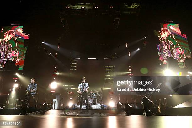 Michael Clifford, Luke Hemmings, Ashton Irwin and Calum Hood of 5 Seconds of Summer perform at 3 Arena on April 26, 2016 in Dublin, Ireland. Luke...