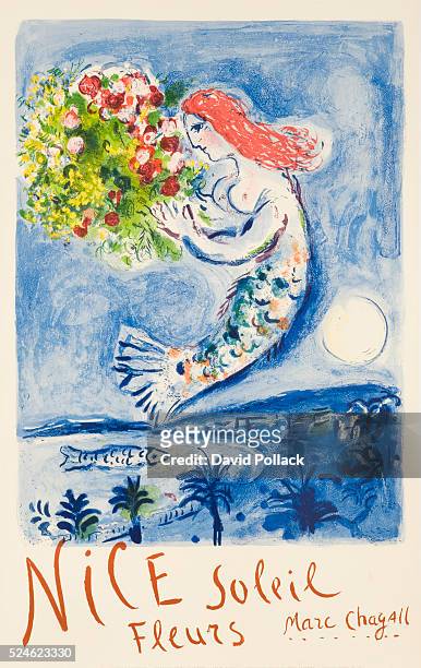 Poster published by the French Government, printed by Mourlot, Paris. Illustrated by Marc Chagall, mermaid holding bouquet of flowers floating above...
