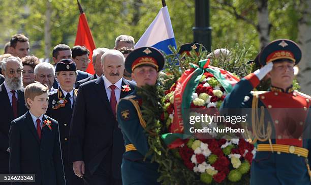 The President of Belarus, Alexander Lukashenko, and the First Lady, Galina, with their son Dmitry, arrives at the Tomb of the Unknown Soldier, ahead...