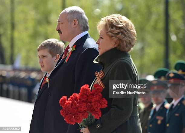 The President of Belarus, Alexander Lukashenko, and the First Lady, Galina, with their son Dmitry, arrives at the Tomb of the Unknown Soldier, ahead...