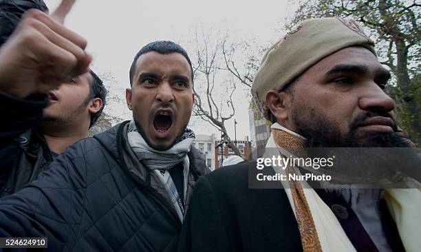 Bangladeshi and supporters protest in Altab Ali Park against the execution of leader Abdul Quader Molla convicted of war crimes during the 1971...