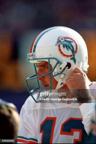 Quarterback Dan Marino of the Miami Dolphins on the sideline during a game against the Pittsburgh Steelers at Three Rivers Stadium on November 10,...