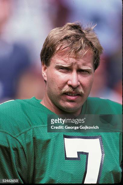 Quarterback Ron Jaworski of the Philadelphia Eagles on the sideline during a game at Veterans Stadium in September 1986 in Philadelphia, Pennsylvania.