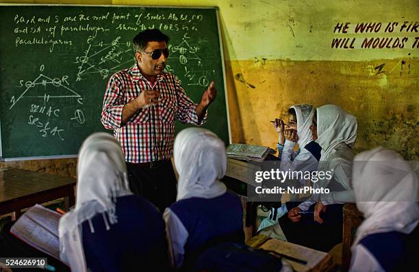 Javaid Ahmad a teacher who himself is not disable, takes class of deaf and dumb students at Abhedananda Home, a school for deaf, dumb and blind...